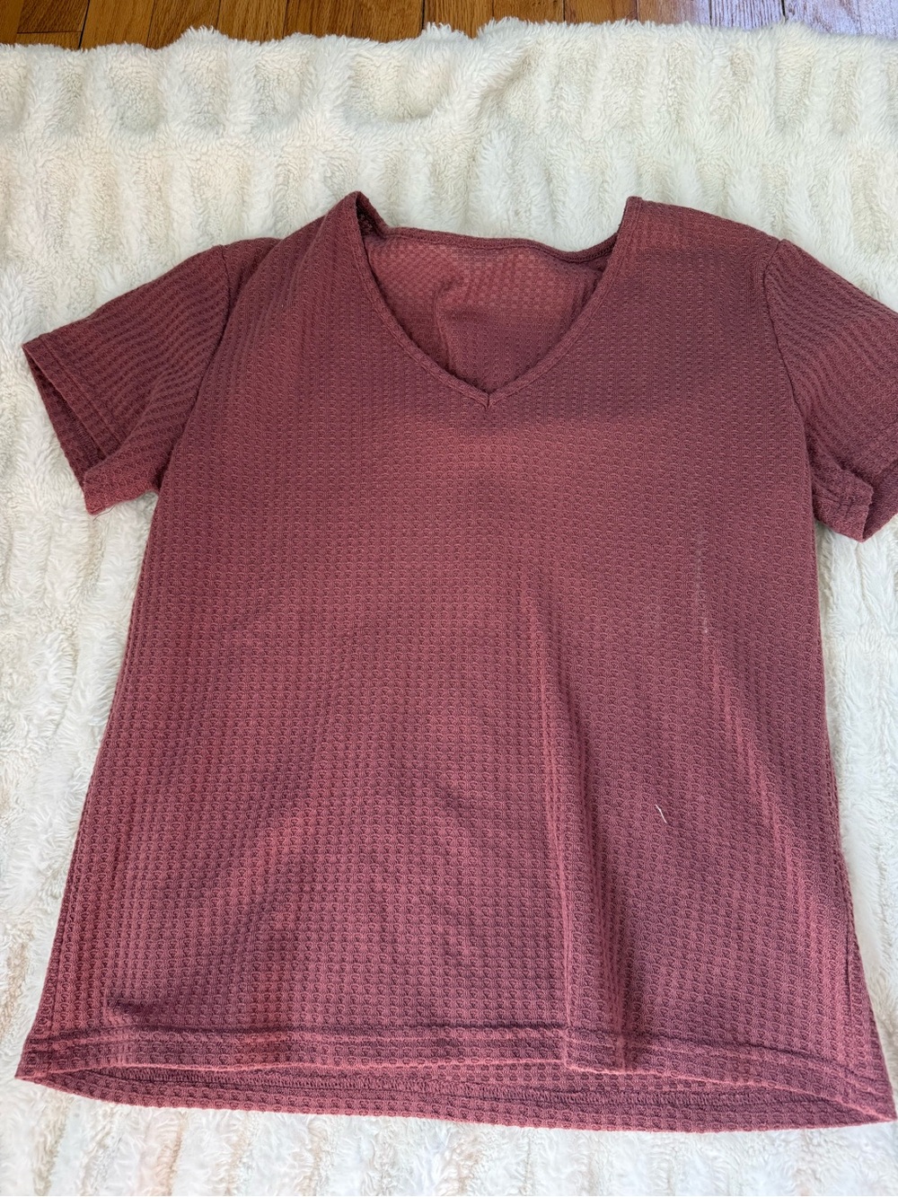 SHEIN Waffle Knit V-Neck Short Sleeve Top - Dusty Rose